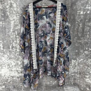 Rewind Size L Floral Tropical Open Front Cardigan Sweater Artsy Semi Sheer